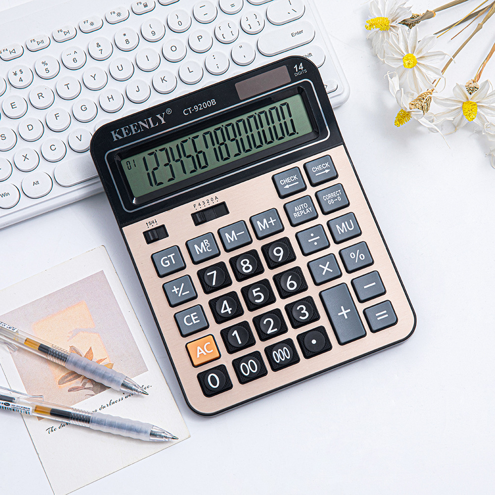 Pantalla grande transfronteriza 14 dígitos de doble fuente de alimentación solar calculadora de color metal de aluminio para oficina financiera especial