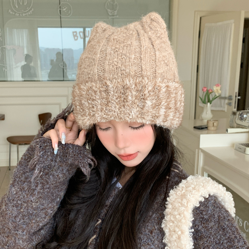 帽子女秋冬甜美可爱猫耳朵毛绒帽加厚针织保暖帽户外防寒包头帽韩|undefined
