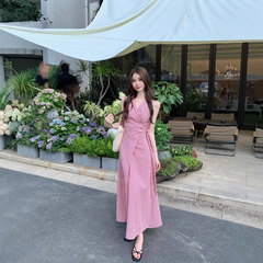 实拍夏季法式复古V领交叉绑带格纹长裙红色格子背心连衣裙女85308