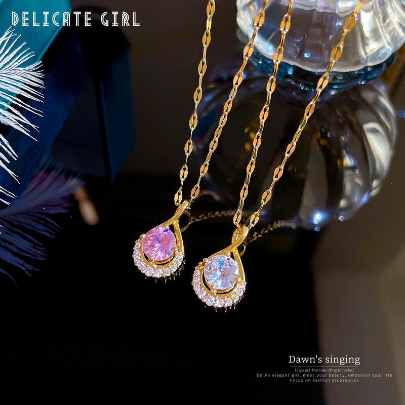 Fashion Water Droplets Stainless Steel Plating Inlay Zircon Pendant Necklace 1 Piece