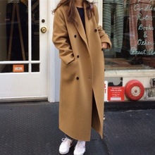 韩国chic秋冬法式复古西装领双排扣休闲加厚长款毛呢大衣外套女