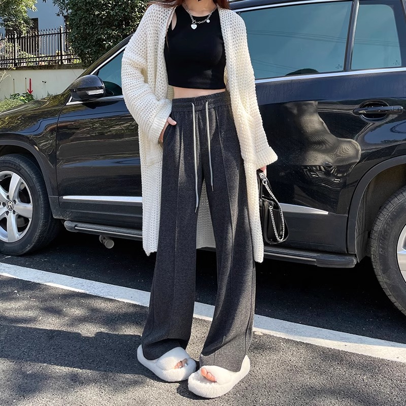 Pantalones de lana para mujeres otoño y invierno 2024 pantalones de cintura alta con estripes casuales, pantalones rectos de forma estrecha, pantalones de piernas anchas, trajes universales