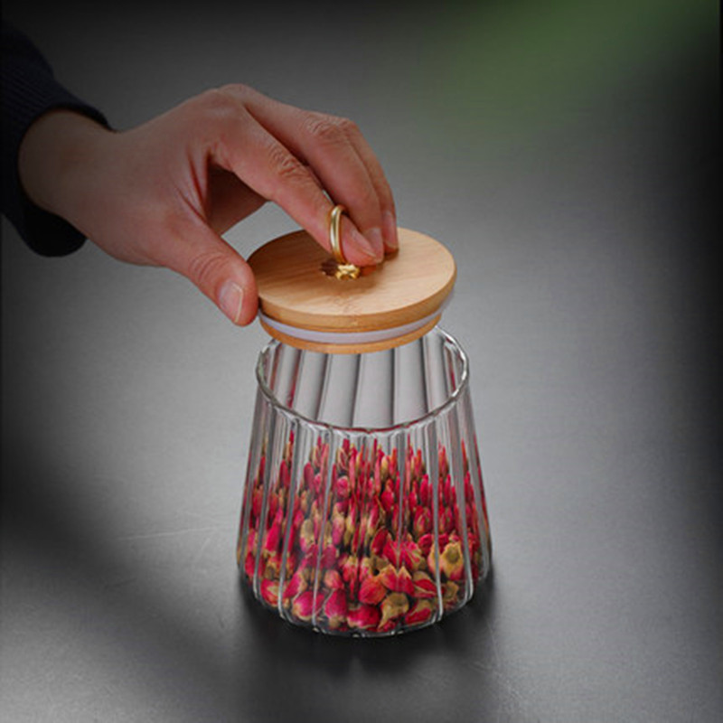 Vidrio patrón vertical sellado tarro de té cubierta de bambú tarro de vidrio patrón de tamaño pequeño tarro de almacenamiento de vidrio tarro de almacenamiento de aperitivos