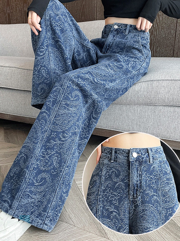 Quần jean ống rộng nữ in họa tiết, lưng cao, form suông dài — màu nâu, màu xanh