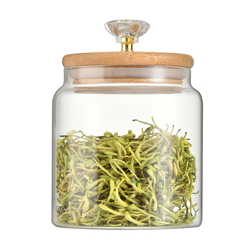 Wholesale glass sealed jar tea jar food grade transparent storage jar pull ring diamond wooden lid glass storage jar