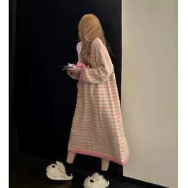 甜美少女条纹半边绒睡衣女款2025新款长袖针织保暖加厚家居服睡裙
