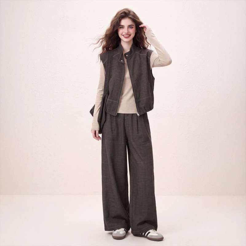 High-end gray oatmeal-colored base vest and wide-leg pants set for women, autumn 2026 new simple three-piece outfit High-end gray oatmeal-colored base vest and wide-leg pants set for women, autumn 2026 new simple three-piece outfit
