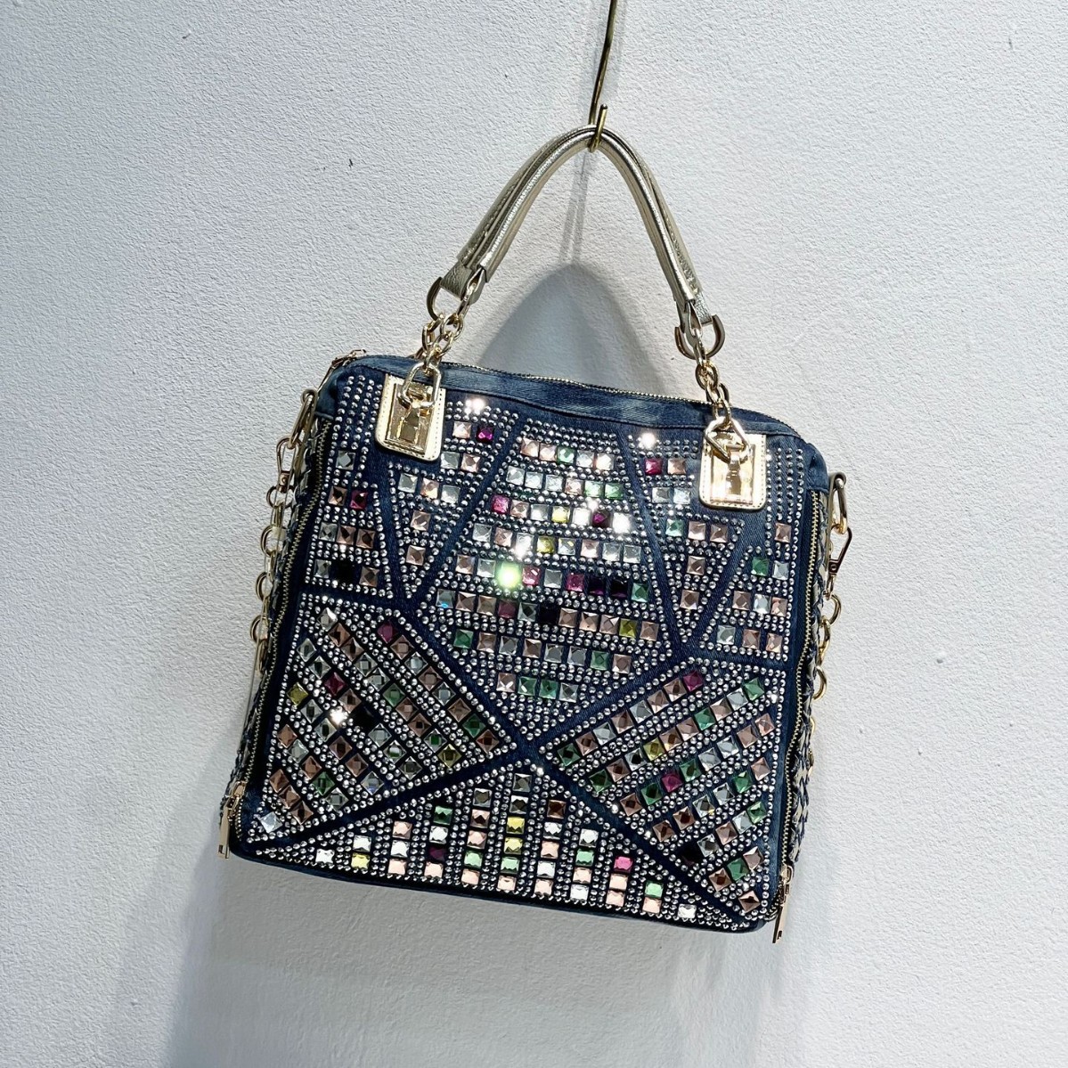 24 nuevos bolsos de mujer de moda tejida europea y americana, bolso de mezclilla de diamantes calientes, bolso de hombro de mensajero de viaje de gran capacidad con diamantes