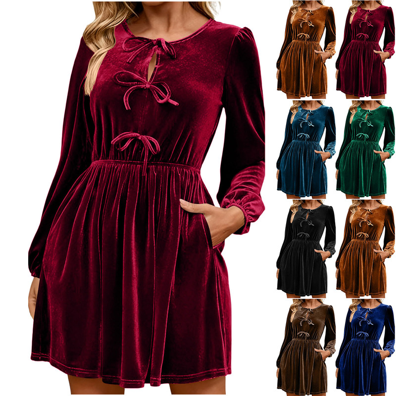 Ss86002 European and American Women's Autum Long-Sleeved Bow Babydoll A-Line Christmas Holiday Dress Dress