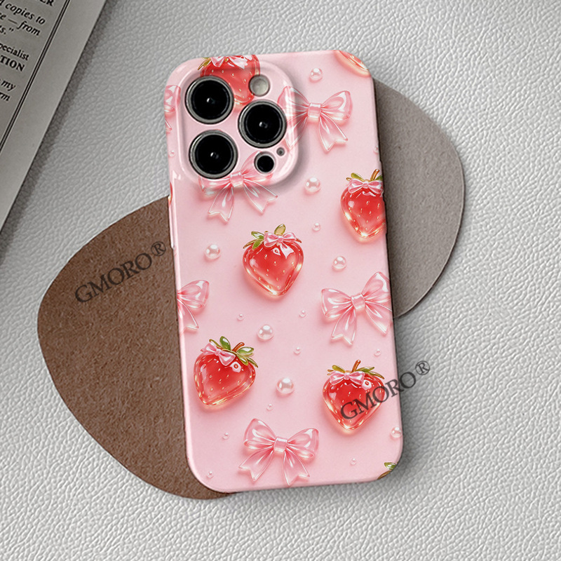 Pink strawberry bow phone case, suitable for iPhone, film-style case, sweet and girly design, for export and bulk orders, protective case