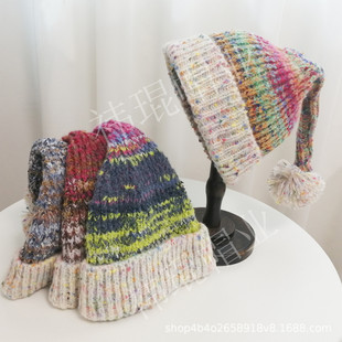 2025 Winter Cross-Border New Product Women's Adult Colorful Christmas Hat Cute Warm Fashionable Long Tail Pom-Pom Knitted Hat