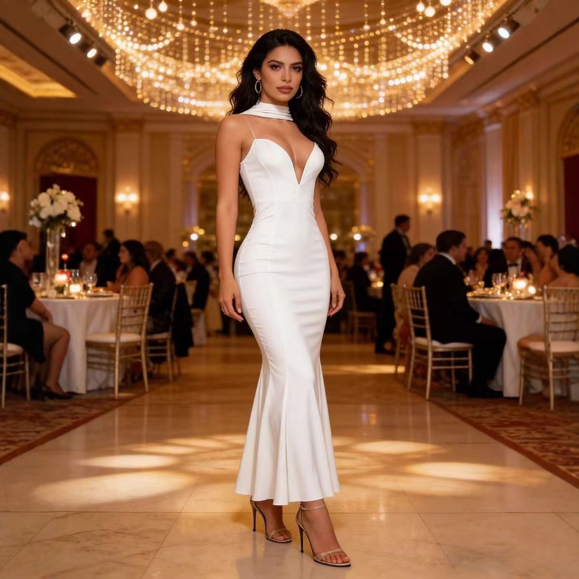 Robe de soirée moulante à décolleté plongeant et jupe sirène, style européen-américain, dos nu, ruban, coupe ajustée, idéale pour les banquets._voghion.com