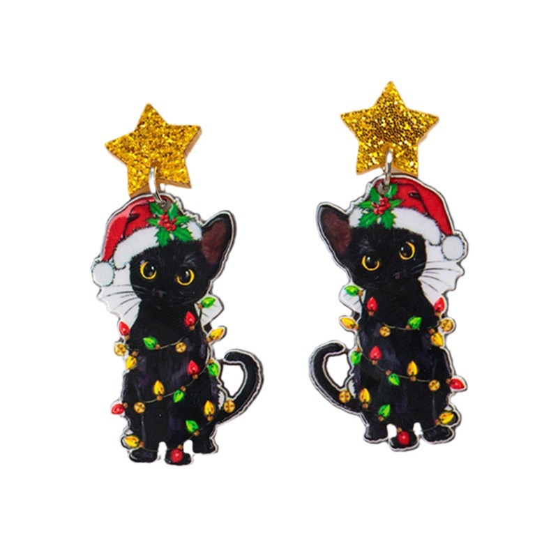 Aretes de gato cambiables de Navidad – acrílico, estilo adorable, campana, gato negro, Europa/América