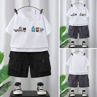 Children's New Summer Suit Polo Shirt Lapel Short-Sleeved Shorts Nezha Theme Embroidered Baby Casual and Versatile
