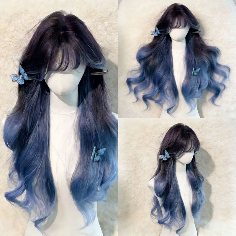 Liuxin Wig for Women with Gradient Blue-Black Highlights, Long Curly Hair with Straight Bangs, Everyday Big Waves, Full Head Wig Style