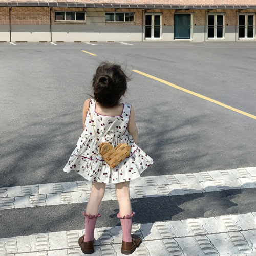 Korean Children's Summer  New Sweet Cherry Floral Pattern Little Girl Tank Top and Bunch Shorts Set Trendy