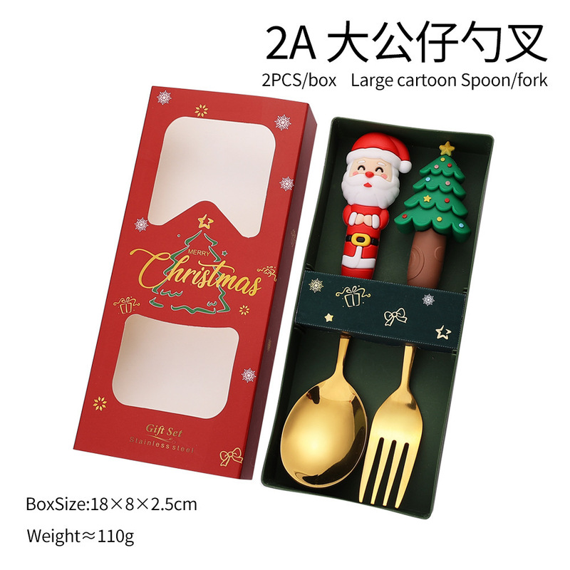 跨境圣诞勺子餐具套装 可爱卡通圣诞公仔老人圣诞树创意勺叉礼盒|undefined