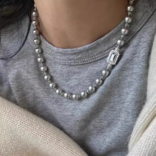 Abalone shell treasure box clasp Shi Jia pearl necklace, many genuine grayish-purple necklaces for women, minimalist style, round shape, strong light sweater chain