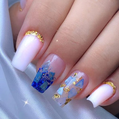 European and American long French manicure with gold and cream French style fresh sparkly blue chip manicure with wearing nails wholesale