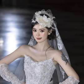 新款韩式绢花超仙新娘头饰森系手工花朵蕾丝发夹结婚摄影发饰