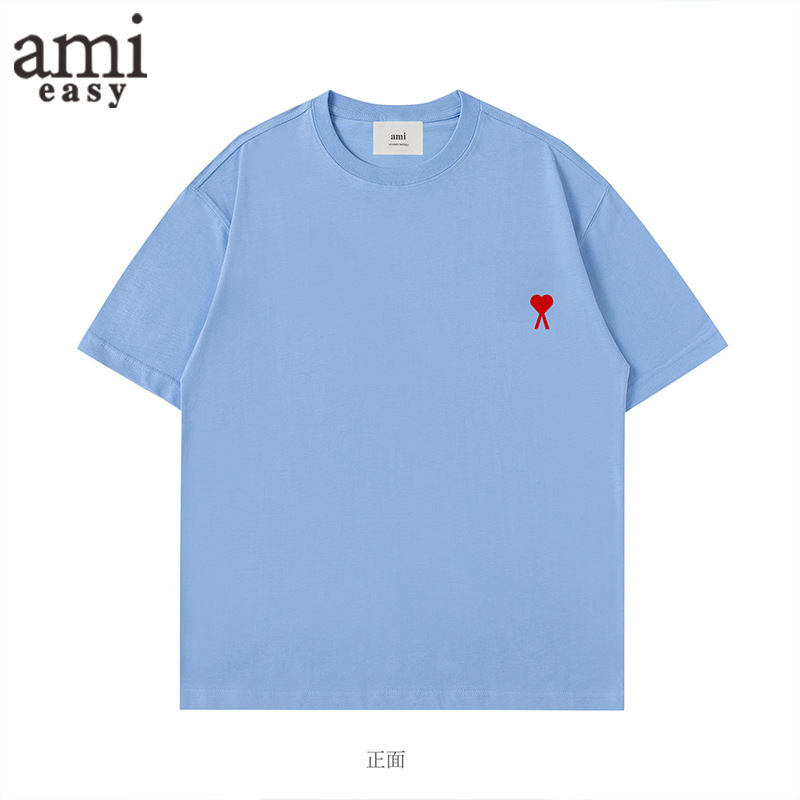 AMI&EASY 小さな愛の刺繍 Tシャツ 半袖 メンズ ゆったり オフショルダー 夏 トレンド ファッション 半袖 トップス Tシャツ|undefined