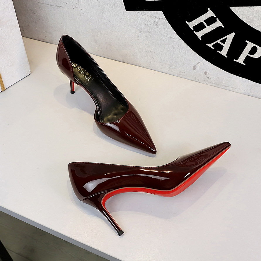9268-A European and American style pointed high heels women's patent leather red sole sexy queen versatile slim heel side air temperament single shoe