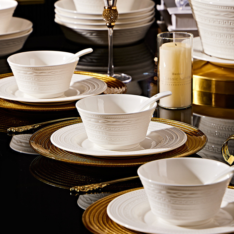 Underglaze Color Household 2025 New Embossed Tableware and Dishes Set French Accessible Luxury High-End Ceramic Rice Bowl and Rice Plate