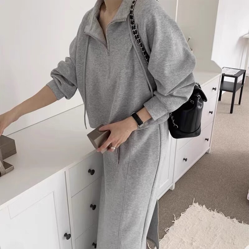 South Korea Chic Autumn Vintage Simple Half Zipper Drawstring Long Sleeve Sweat Back Split Straight Tube Skirt suit Women South Korea Chic Autumn Vintage Simple Half Zipper Drawstring Long Sleeve Sweat Back Split Straight Tube Skirt suit Women