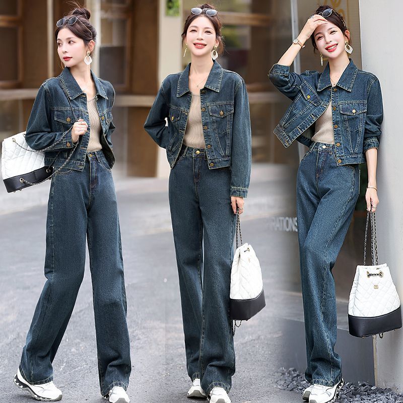 Jeans Suit for Women in Spring and Autum New Style Fashionable Wide-Leg Pants and Short Jacket Two-Piece Set