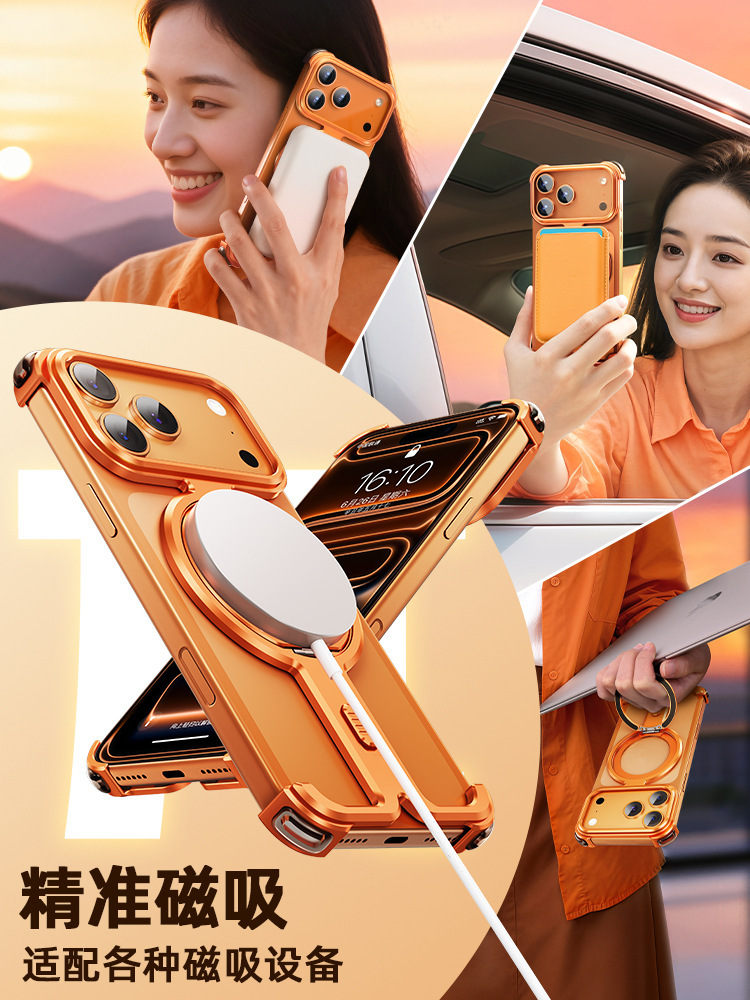 Ốp lưng iPhone 17 Pro Max / 16 Pro / 15 viền kim loại không viền, tích hợp chân đế xoay, nam châm MagSafe — Đen, Nguyên bản, Cam, Xanh đậm chi tiết 11