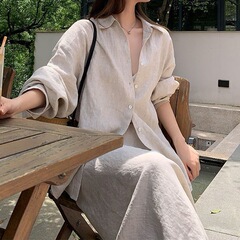 カジュアルスーツ女性2025年ファッション折り襟ゆるい長袖シャツ春秋百合半身ロングスカート2点セット