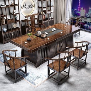 Solid Wood Large Plate Tea Table and Chair Combination New Chinese Style Office Tea-making Living Room Household Complete Set of Tea Table Integrated Tea Table