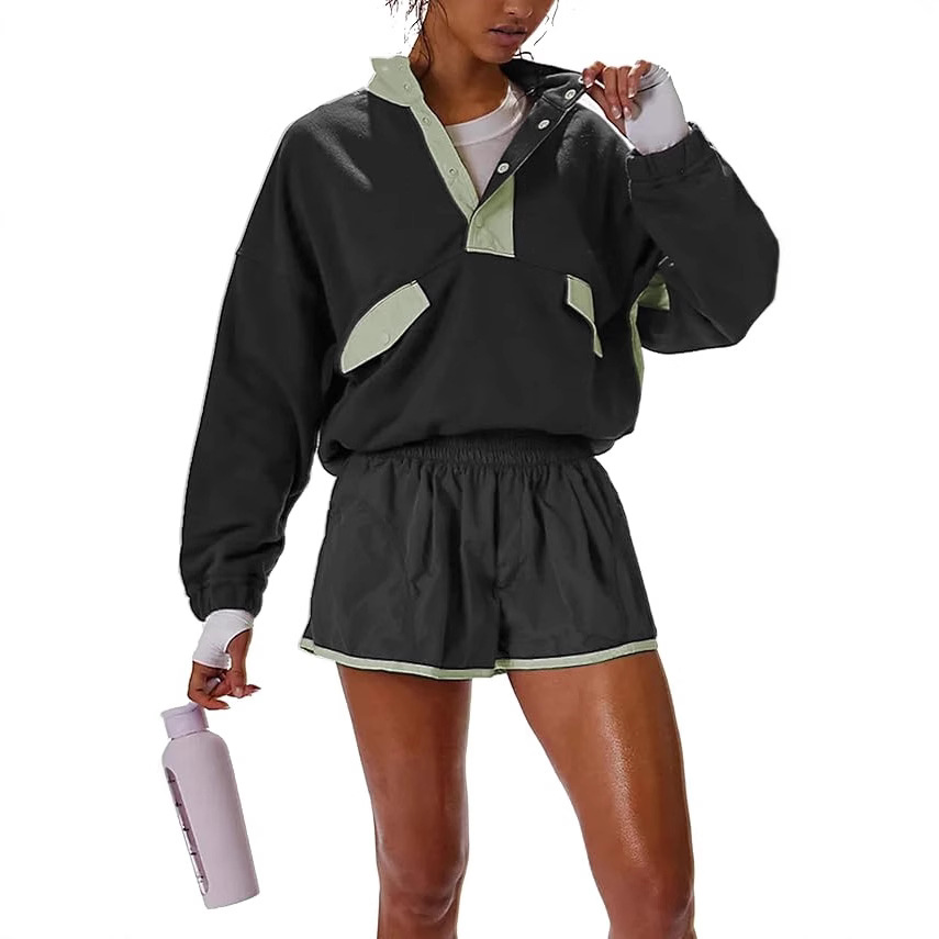 Cross-Border European and American New Spring and Autumn Casual Versatile Trendy Stand Collar Loose Color-Blocking Long-Sleeve Top and Shorts Set