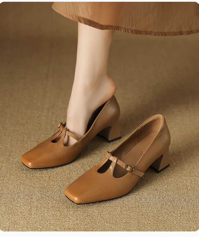 Giày Mary Jane nữ quai chữ T da bò gót vuông 5.5 cm — đen chi tiết 7