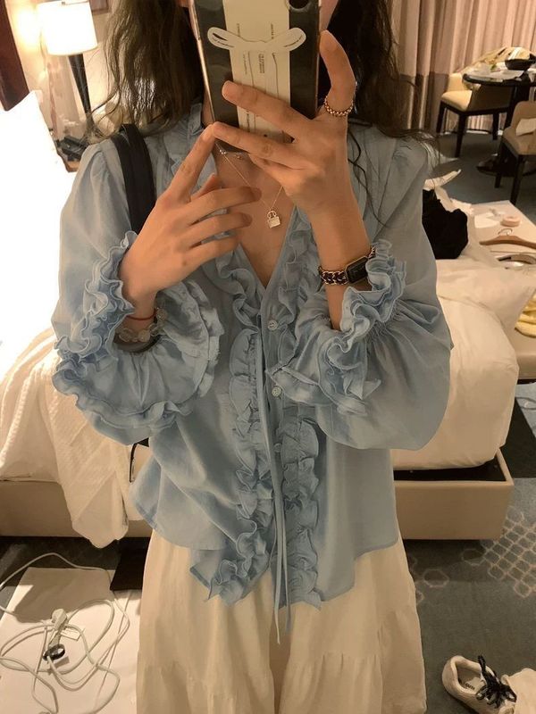 韩系春秋甜美衬衫女重工2025新款洋气减龄衬衣宽松显瘦边上衣|undefined