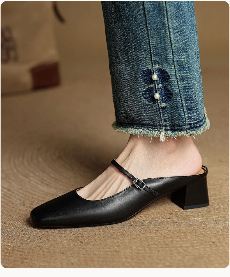 Sandal nữ quai ngang mũi vuông gót 4.5 cm da bò bít mũi hở gót — đen chi tiết 15