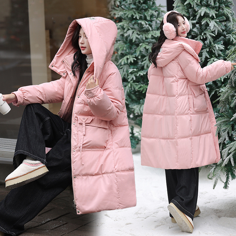 2025 invierno nuevo largo estilo coreano suelto chaqueta de pluma de algodón para mujeres laca engrosada chaqueta de algodón con capuz