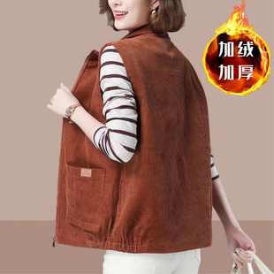 Fleece-lined thick corduroy vest for women autumn and winter new casual loose outer wear vest all-matching vest waistcoat