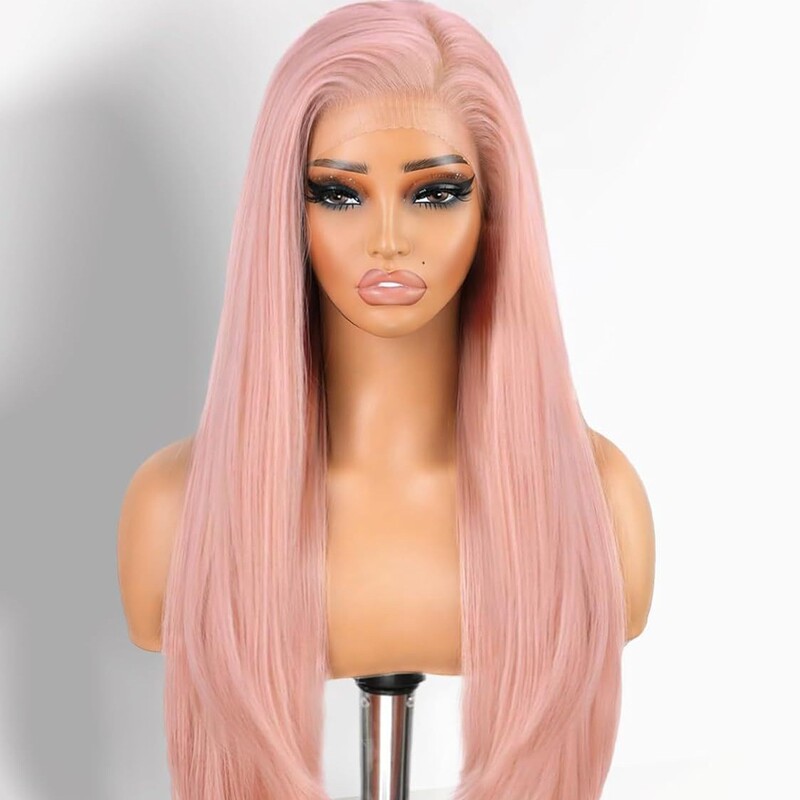 Pink lace front wig, glue-free wearable wig, untrimmed natural straight hair wig with natural hairline Pink lace front wig, glue-free wearable wig, untrimmed natural straight hair wig with natural hairline