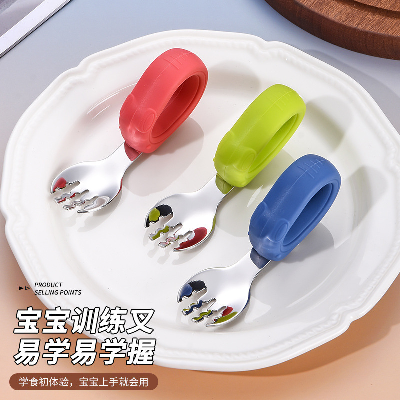 硅胶柄304不锈钢儿童训练餐具卡通弯头叉勺宝宝学吃饭辅食专用叉|undefined