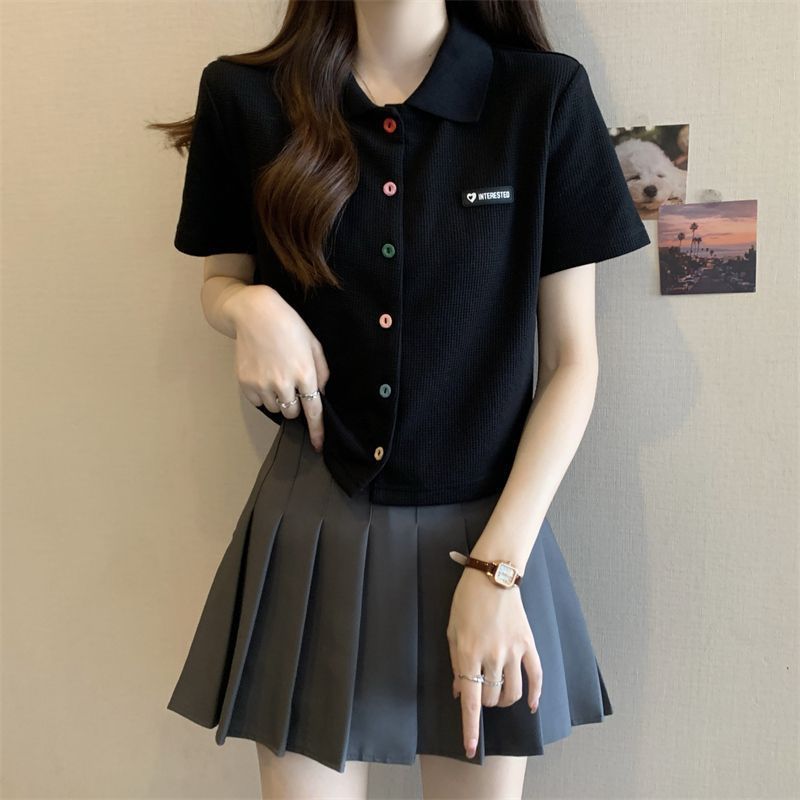 大码华夫格polo衫纽扣短袖t恤女夏新款小个子设计感显瘦短款上衣