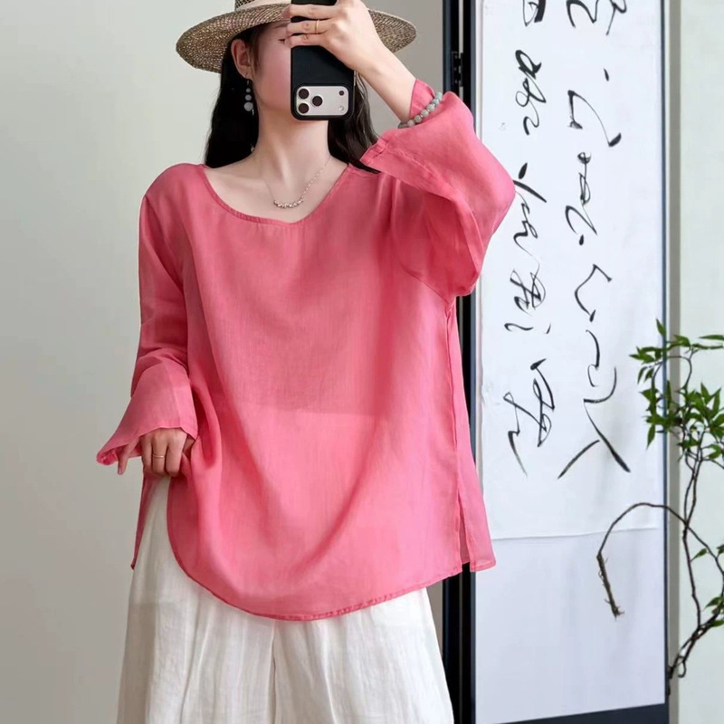 Nami's 2026 Summer New Artistic Style High-End Split-Flap Sleeve Round-Neck Pullover Ramie Blouse Nami's 2026 Summer New Artistic Style High-End Split-Flap Sleeve Round-Neck Pullover Ramie Blouse