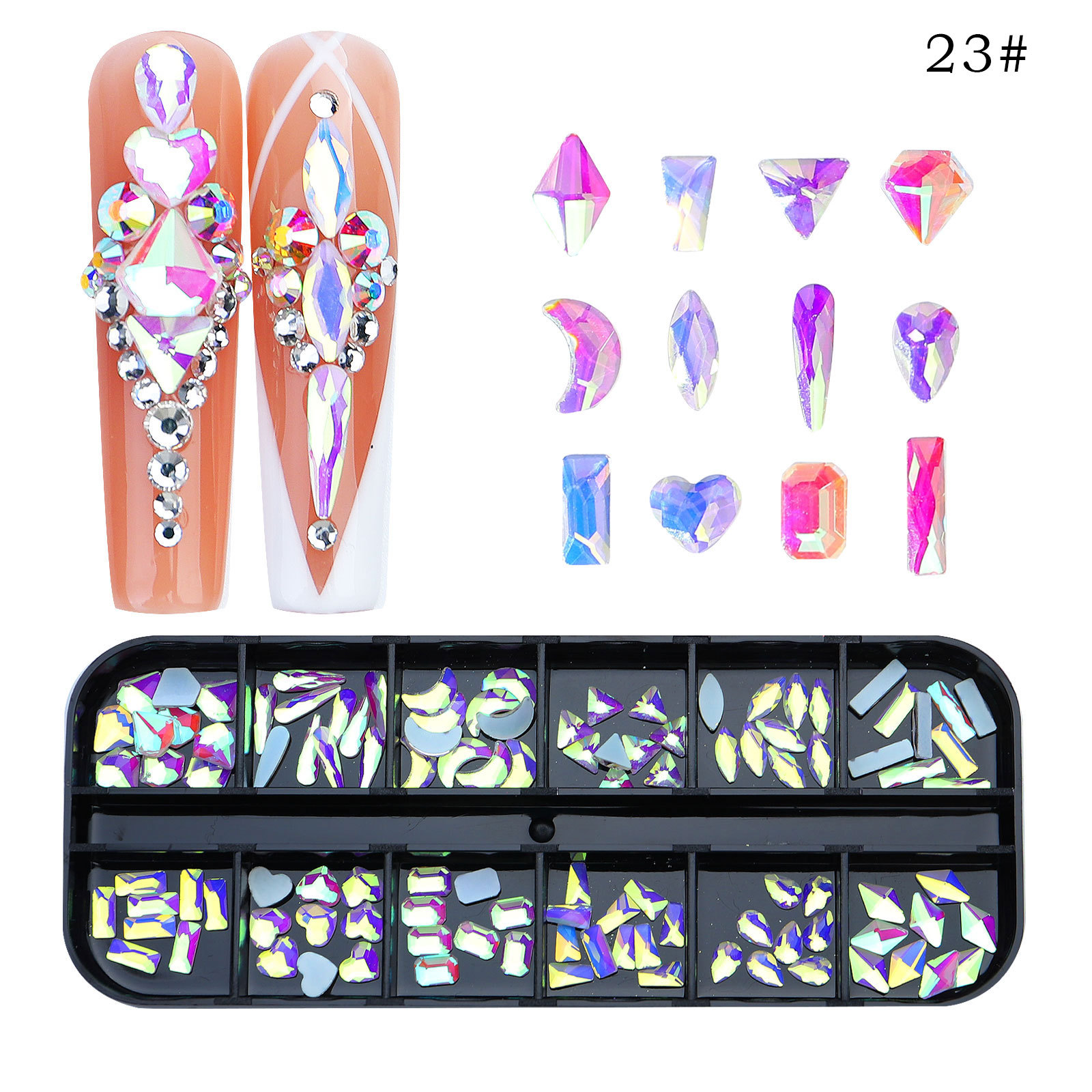 Transfronterizo nuevo taladro de uñas de 12 rejillas de forma especial diamante plano rhinestone AB joyería de uñas decoración de uñas de diamantes ventas directas de la fábrica