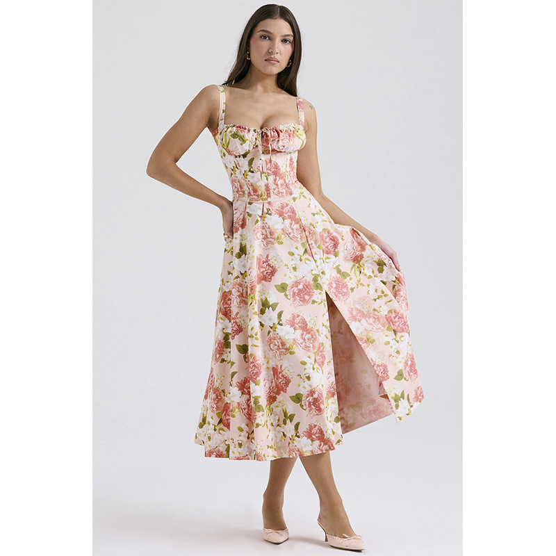 큰 붉은 꽃 긴 원피스