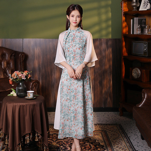 Chinese Dress retro cheongsam dress for women girls low collar raglan sleeves national mitigated wire stitching chiffon printing the black small cheongsam