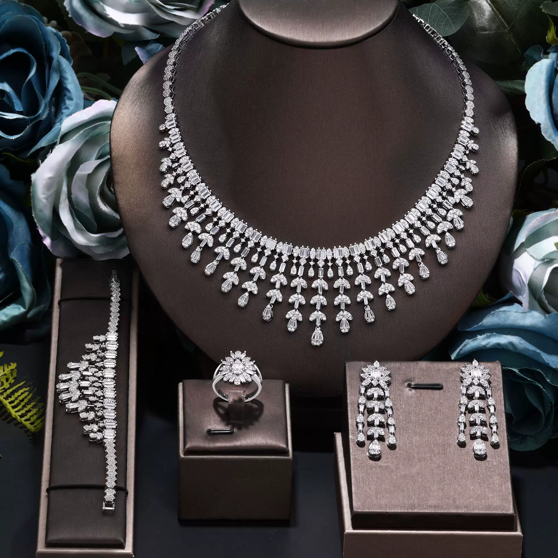 欧美中东时尚婚礼项链手链戒指耳饰沙特热卖满钻锆石新娘首饰套装