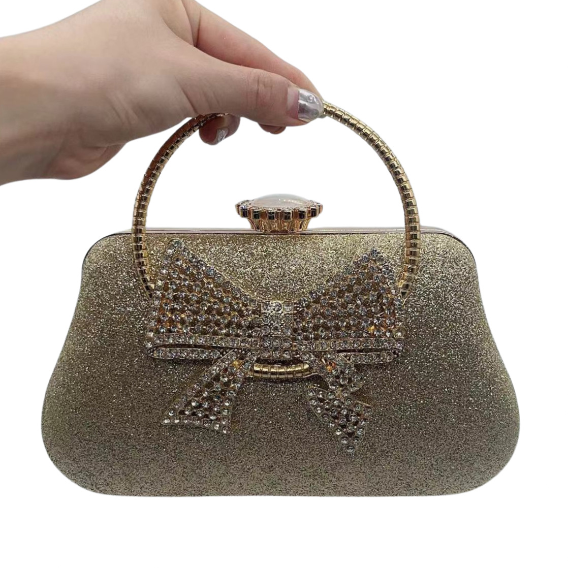 Túi clutch nữ dự tiệc da đơn giản tay cầm nơ — Màu đen, Màu bạc, Màu vàng nhạt, Màu Sâm panh chi tiết 10