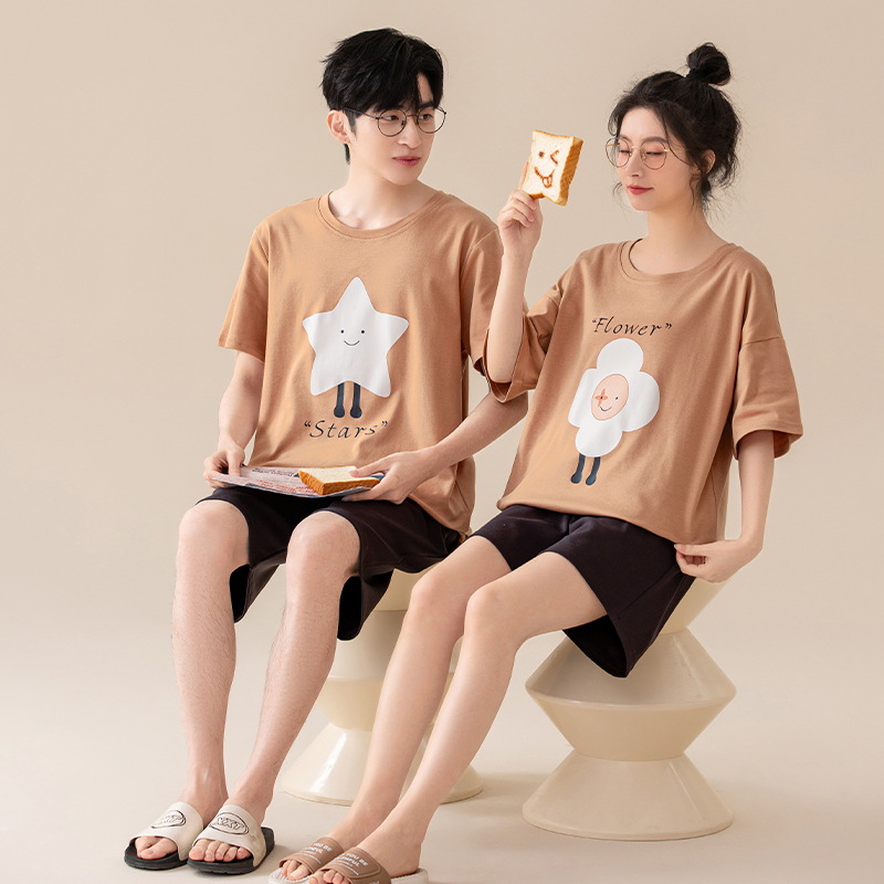 [Antibacteriano] Pijamas de pareja de verano de algodón puro para hombres y mujeres de manga corta de dibujos animados lindo casual se puede usar fuera del traje de servicio a domicilio