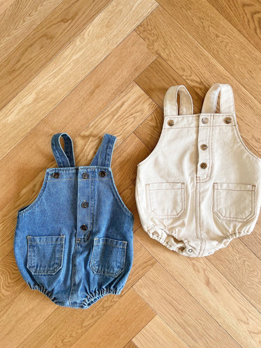 ins Korean style  spring and summer new baby crawling suit one-piece dress with patchwork waistband pants casual pocket 