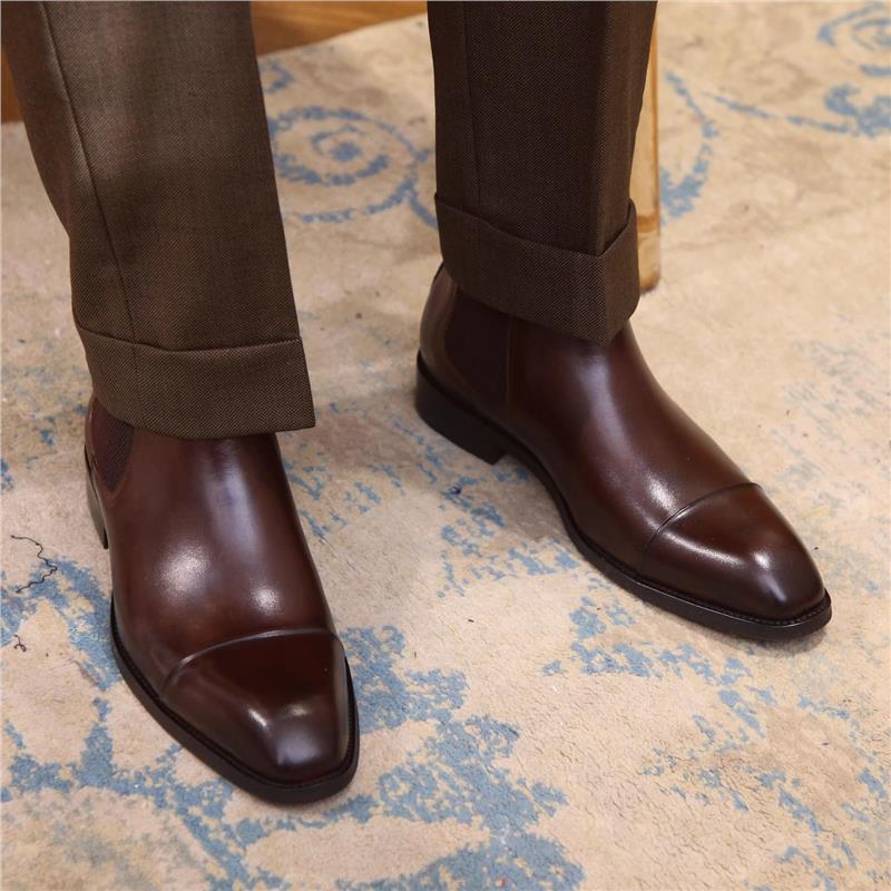 Thick-Soled Heightening Pointed-Toe High-Top Leather Shoes for Men in Winter Fleece-Lined Chelsea Boots 2025 New Low-Cut Boots